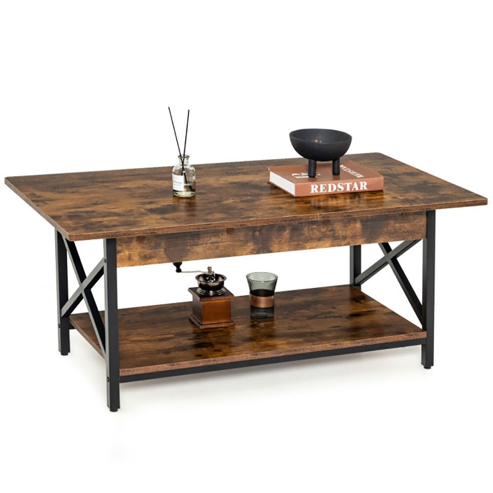 2-Tier Industrial Rectangular Coffee Table with Practical Storage Shelf