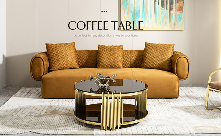 Hotel Luxury Round Shape Glass Top Coffee Table Round for Living Room Black and Gold Home Furniture Stainless Steel Tea Table