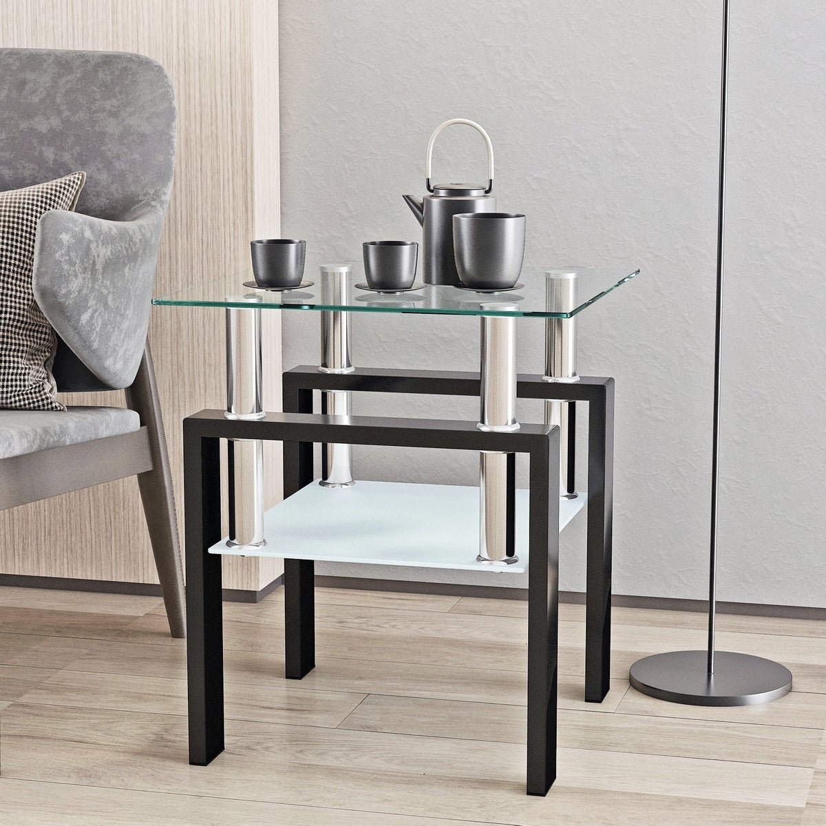 New Modern Small Side Table Tempered Glass Table Two Layer Square Table for Living Room Furniture