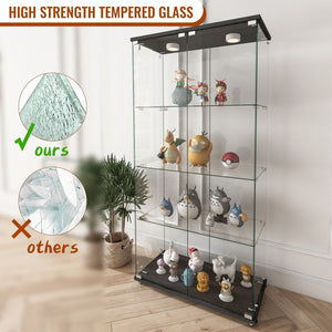 Modern Black Four Layers Two Door Glass Display Cabinet with Led Light and Wheels Living Room Furniture