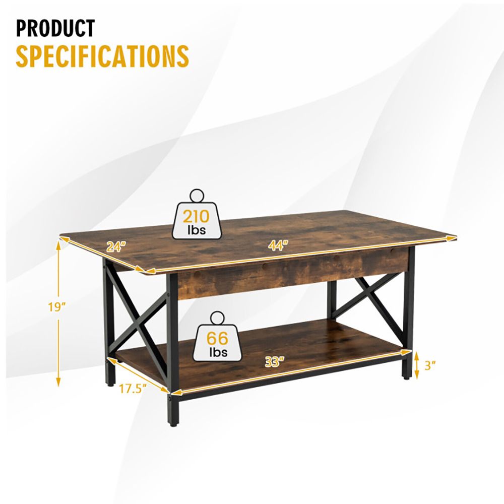 2-Tier Industrial Rectangular Coffee Table with Practical Storage Shelf