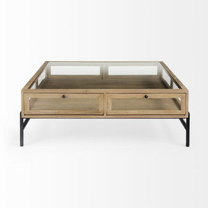 HMS 42\" Clear and Black Glass and Metal Square Coffee Table with Two Drawers and Shelf