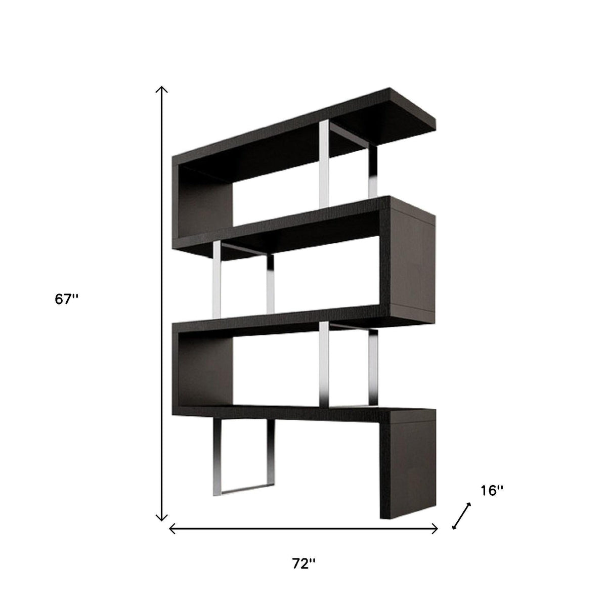 HMS 67 Three-Tier Etagere Bookcase in Black and Silver Metal with Wood Elegant Six-Shelf Display