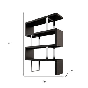 HMS 67 Three-Tier Etagere Bookcase in Black and Silver Metal with Wood Elegant Six-Shelf Display