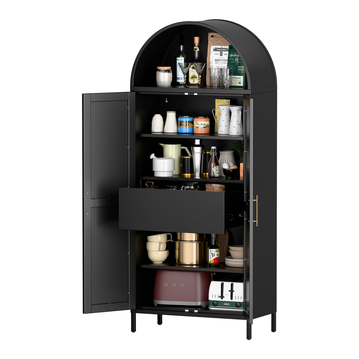 73-inch Tall Metal Arched Cabinet Modern Arch Bookshelf Display Internal Drawers Black FCJ for Home Office Bar Living Room