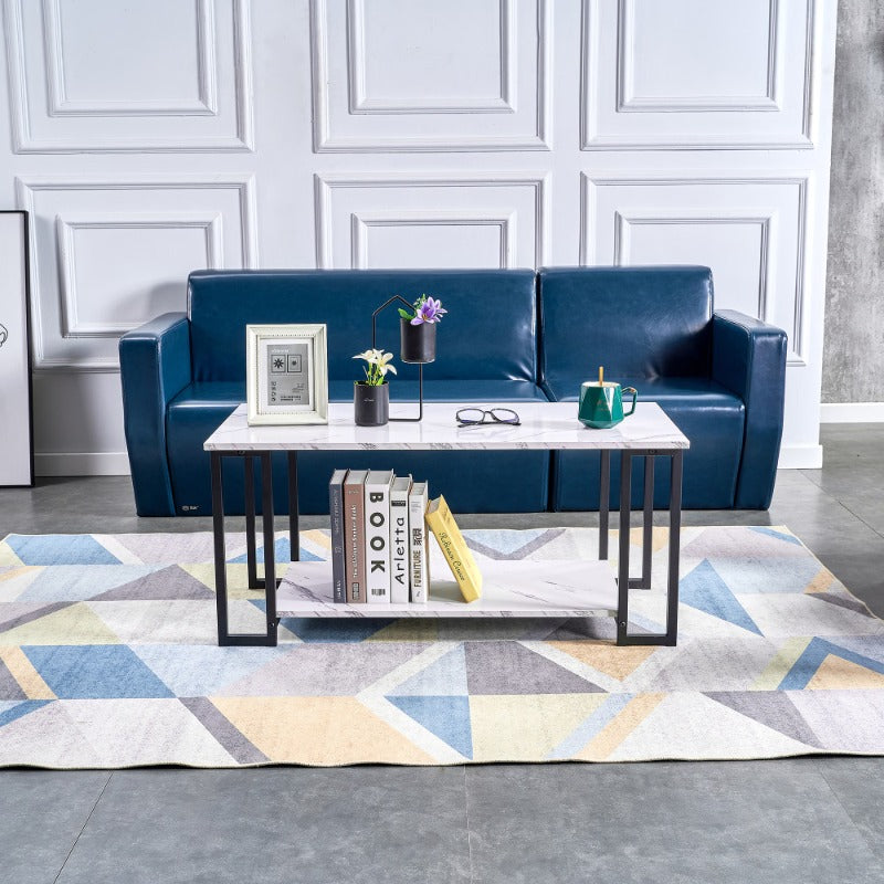 D&N Coffee Table, 2 Layers 1.5cm Thick Marble MDF Rectangle 39.37" L Tabletop Iron Coffee Table , Dining Room
