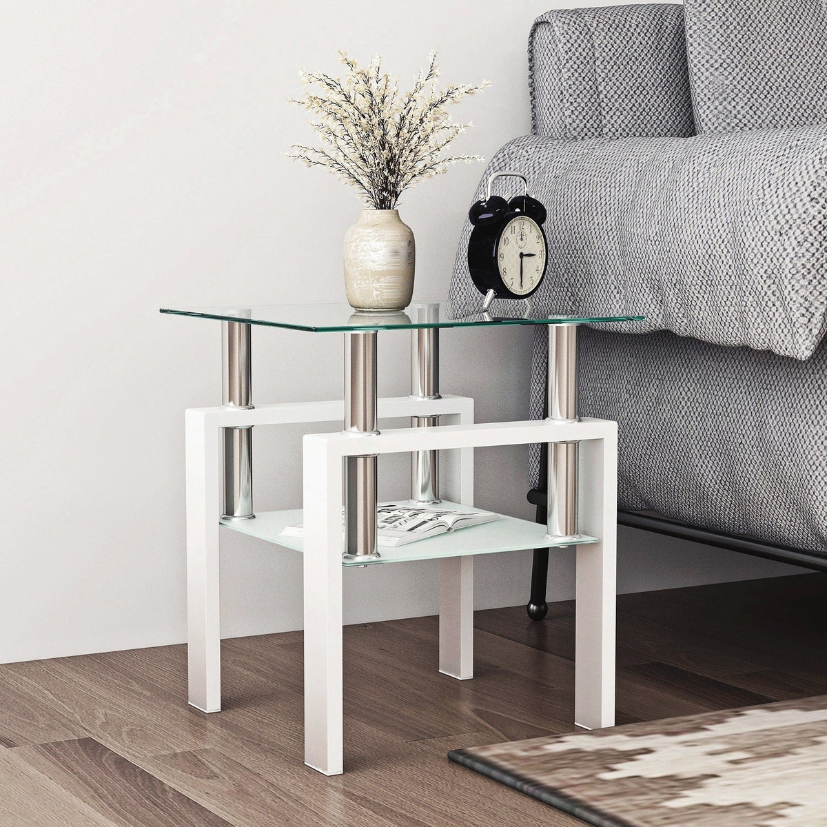 New Durable Design White Tempered Glass Side Table Bed Side Table for Living Room Furniture