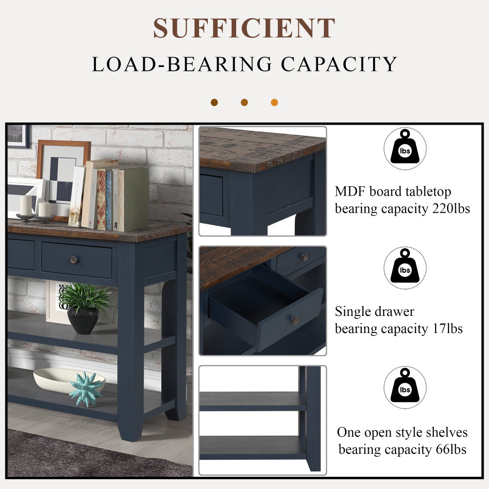 48'' Solid Pine Wood Top Console Table, Modern Entryway Sofa Side Table with 3 Storage Drawers and 2 Shelves