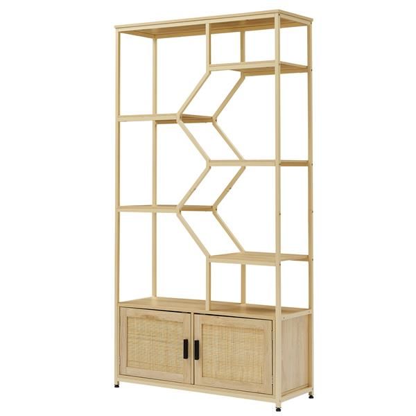 7 Tiers Natural Rattan Bookshelf 39.4'' W X 13.8'' D X 75.6'' H Storage Rack Cabinet for Living Room or Home Office