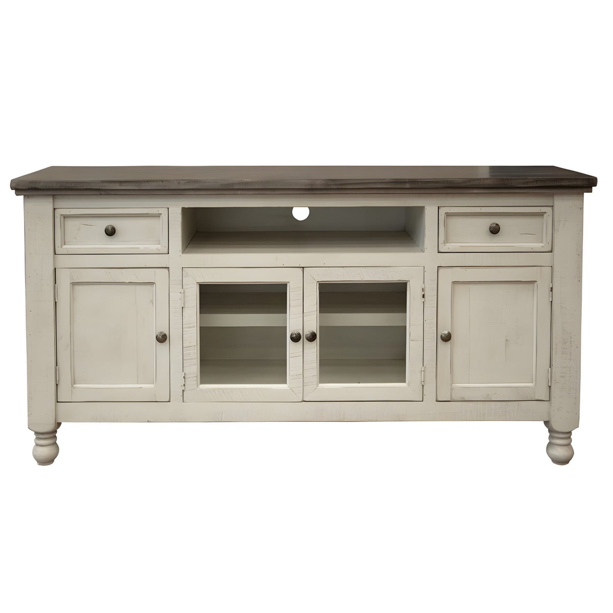 HMS 60 Ivory Solid Wood Open Shelving Distressed TV Stand