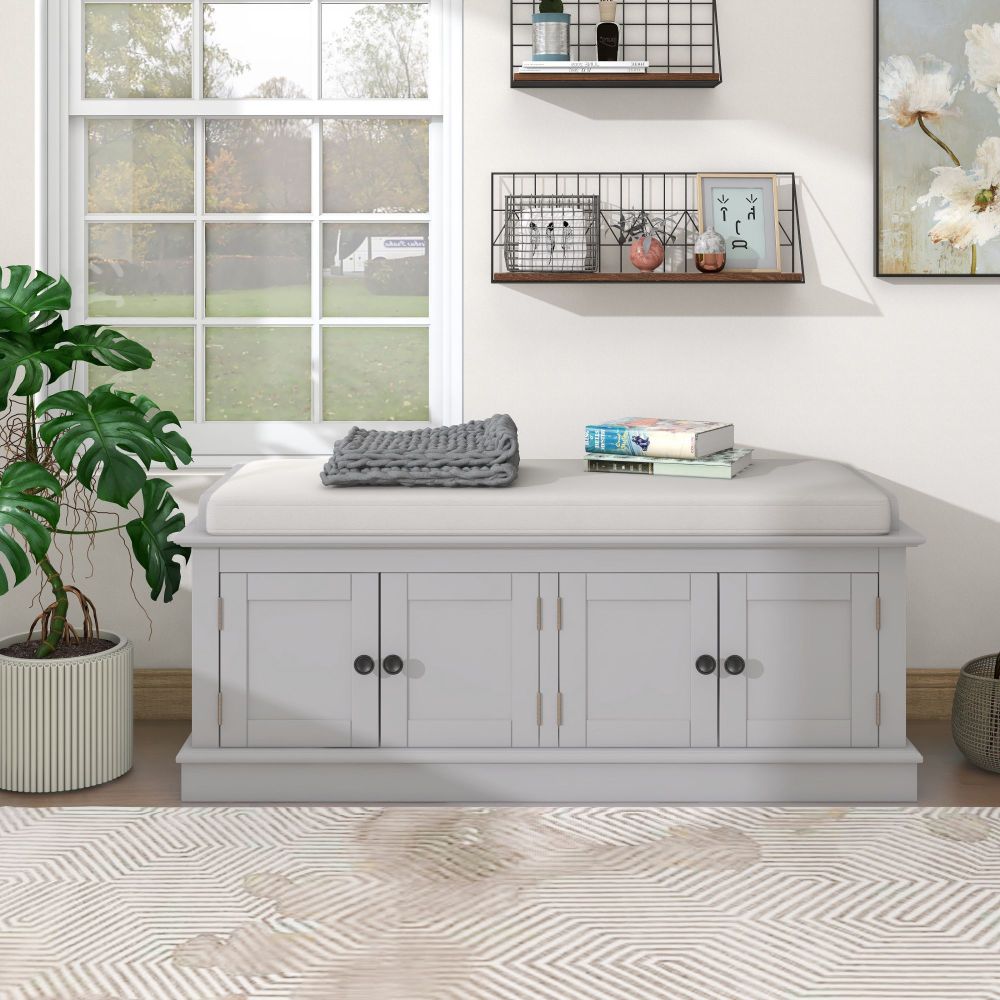 Storage Bench with 4 Doors and Adjustable Shelves, Shoe Bench with Removable Cushion for Living Room