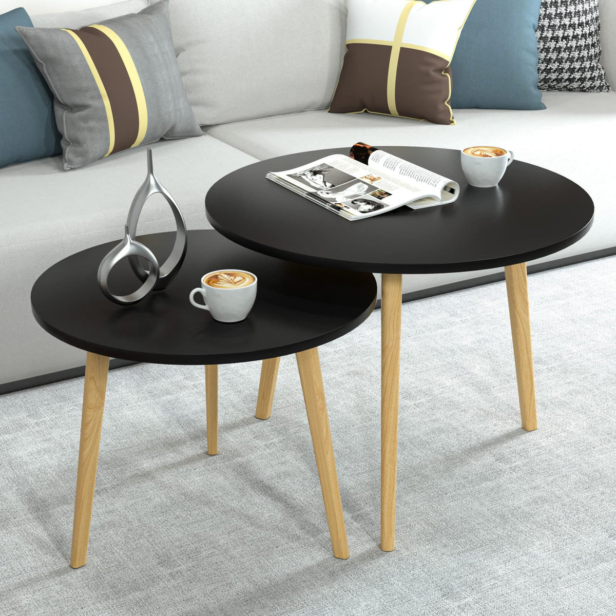 HMS Set of Two 20\" Nordic Style Round Nested Tables Wood Brown and Black Living Room Furniture