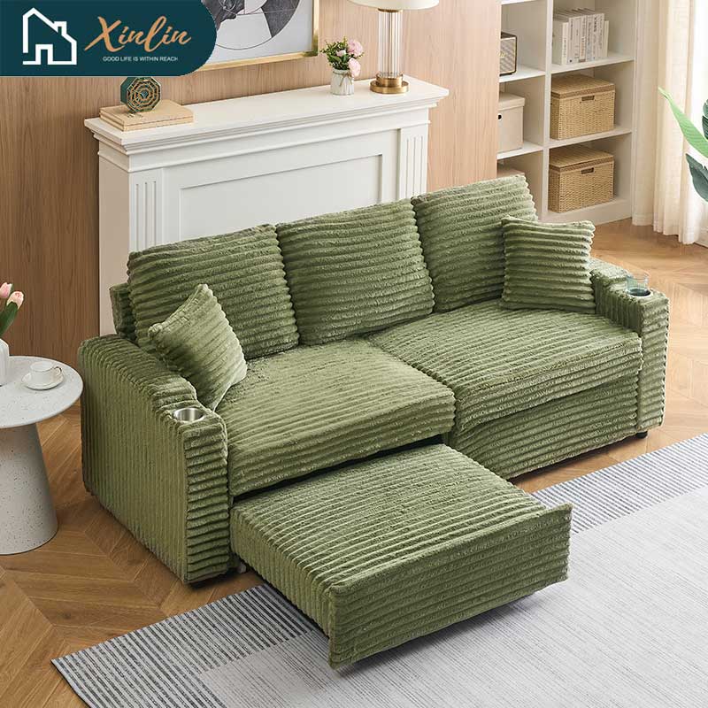 Free Shipping US 80-inch Two-in-one Pull-out, Foldable and Hidden Chaise Longue Corduroy Sofa With Cup Holders and Pillows