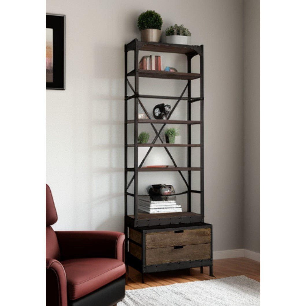 HMS Traditional Contemporary Five Tier Bookshelf Solid Wood Black Iron with Two Drawers for Home Office Workshop Hotel Use