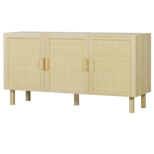 Adjustable Shelves Boho Accent Cabinet for Living Room 3 Rattan Doors Kitchen Storage Garage Cabinets Natural Kitchen Cabinet