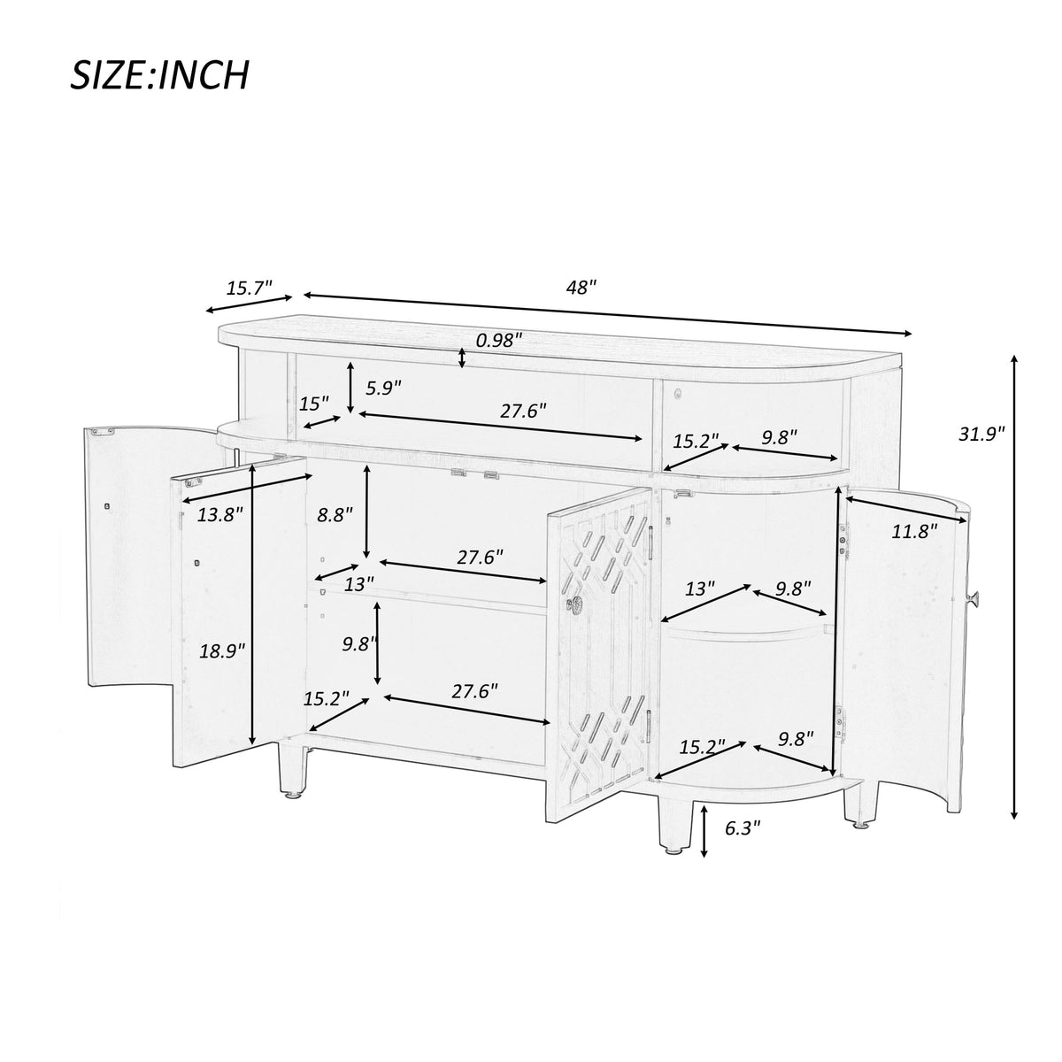 Curved Design Storage Cabinet Featuring Four Doors and Adjustable Shelves Suitable for Corridors Entrances and Study
