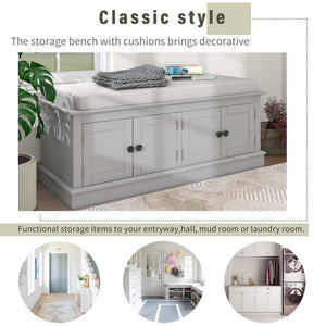 Storage Bench with 4 Doors and Adjustable Shelves, Shoe Bench with Removable Cushion for Living Room