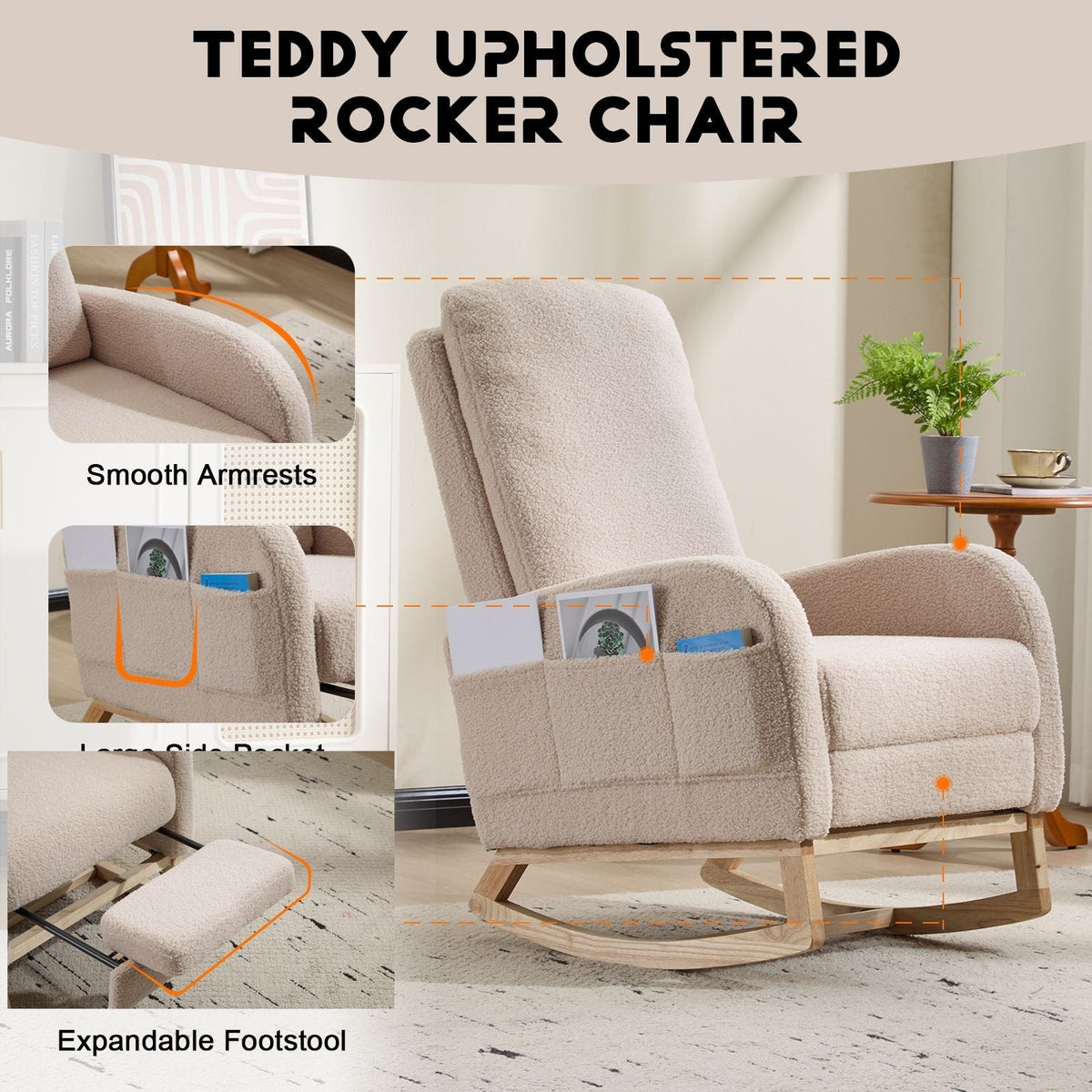 Modern Accent High Backrest Rocking Chair Solid Wood Legs Beige Teddy Upholstered Nursery Glider Rocker Comfy Living Room
