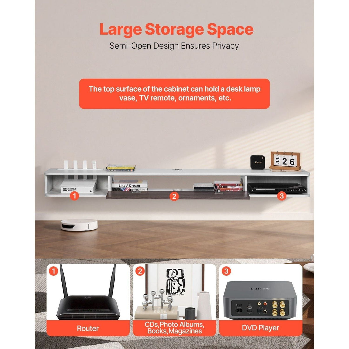Modern White Floating TV Stand 70 Wall Mount Entertainment Center Cable Hole Particle Board Console DVD Player Cable Box Game