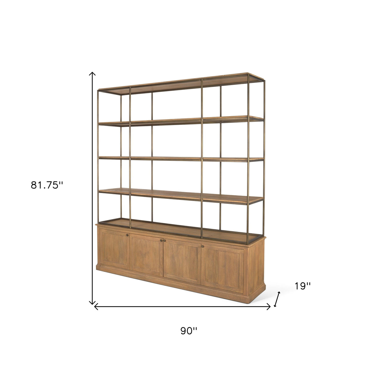 HMS 82 Antiqued Brass and Light Brown Distressed Metal Solid Wood Three-Tier Bookcase with Four Doors