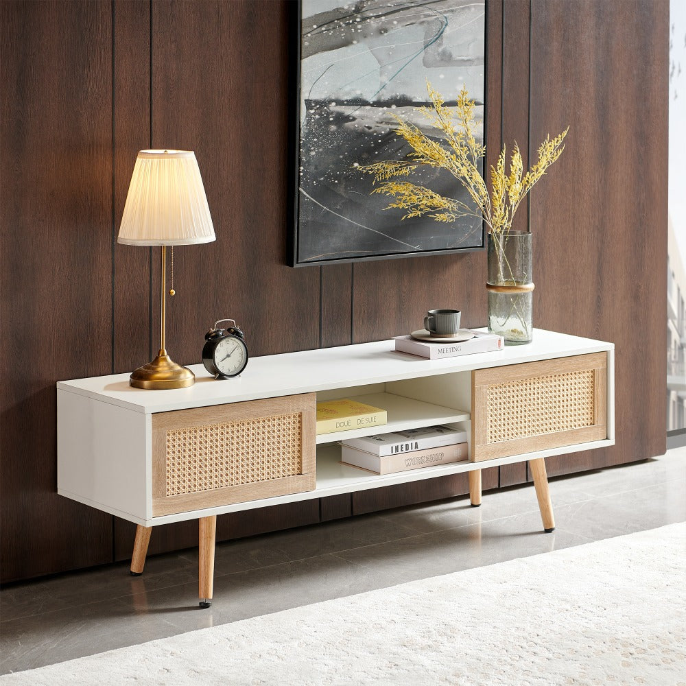 55.12" Rattan TV cabinet, double sliding doors for storage, adjustable shelf, solid wood legs, TV console for living room , Whit