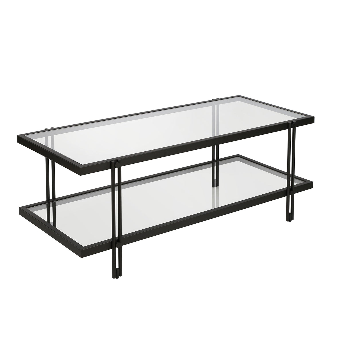 HMS 45 Modern Simple Black Glass and Steel Coffee Table with Shelf Tempered Glass Farmhouse Style for Living Room
