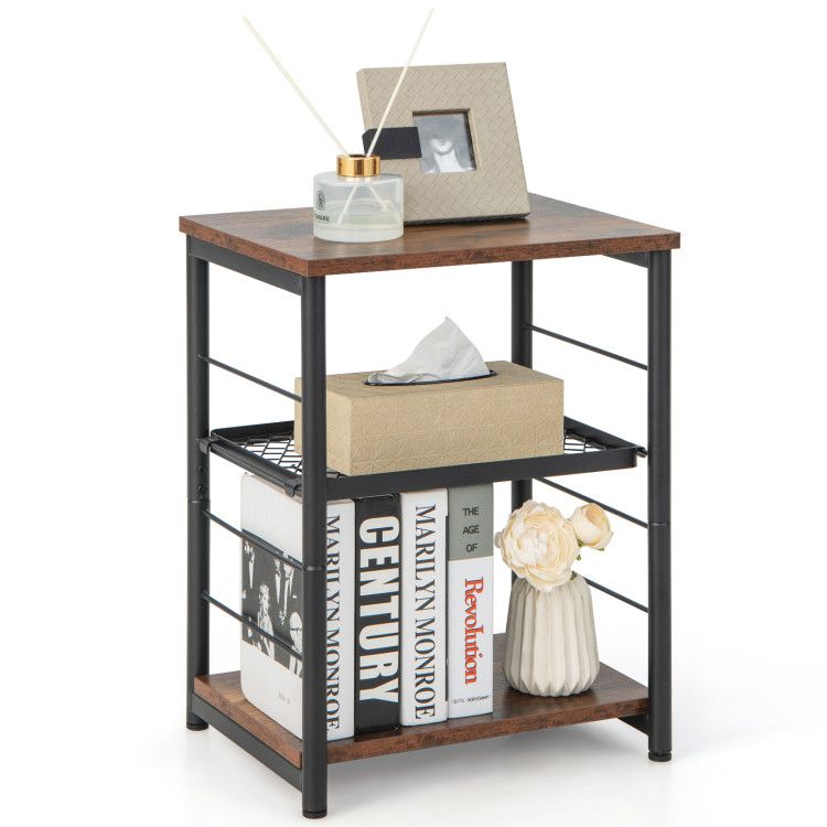 Adjustable 3-Tier Industrial Side Table with Mesh Shelf for Coffee Tables