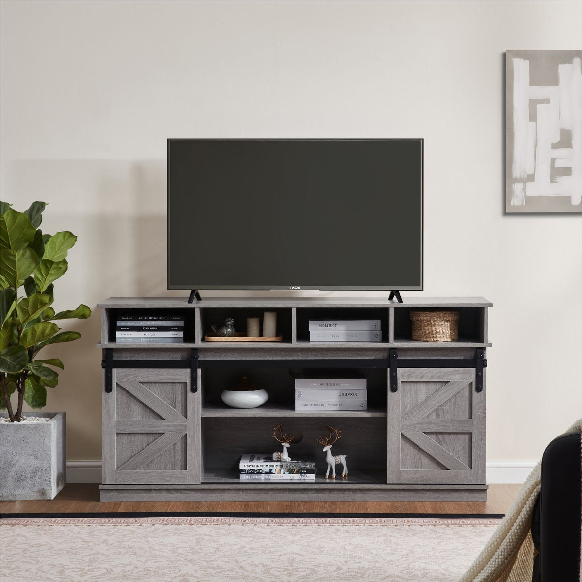Modern Farmhouse Style TV Stand Sliding Barn Door Wood Entertainment Center Storage Cabinet Adjustable Shelves for TVs 65\" 65\"