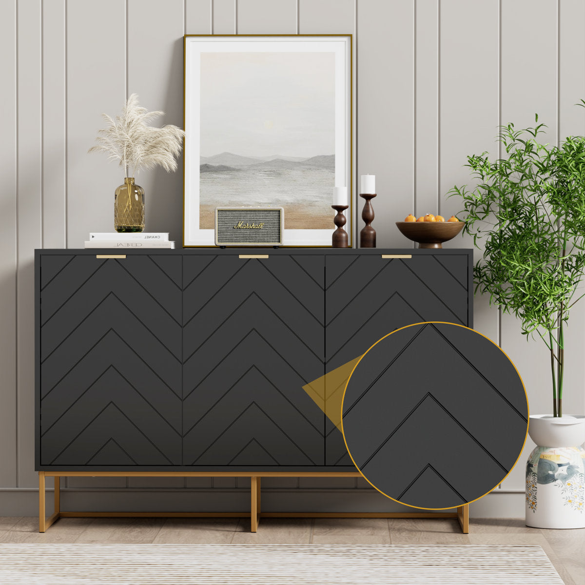 US Overseas Warehouse Free Shipping Black Storage Buffet Cabinet 3 Doors Sideboard Cabinet with Adjustable Shelf
