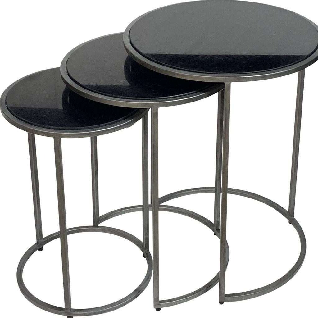 Set of Three Black and Gray Marble Nested Tables with Iron Round Frames for Living Room