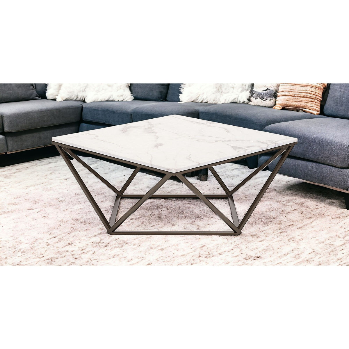 HMS 36\" White and Antiqued Brass Faux Marble and Steel Square Abstract Coffee Table