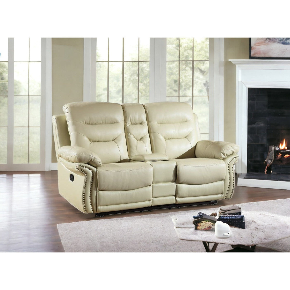 75" Modern Beige Manual Reclining Love Seat Extendable Feature Genuine Synthetic Leather Upholstery Massage Storage Included
