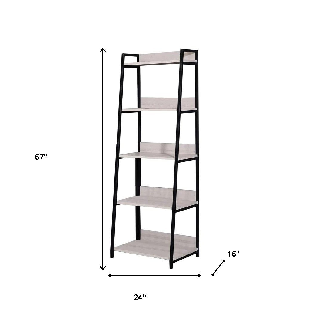 HMS 67 Five Tier Ladder Bookcase in Natural and Black Metal Five Tier Bookcase