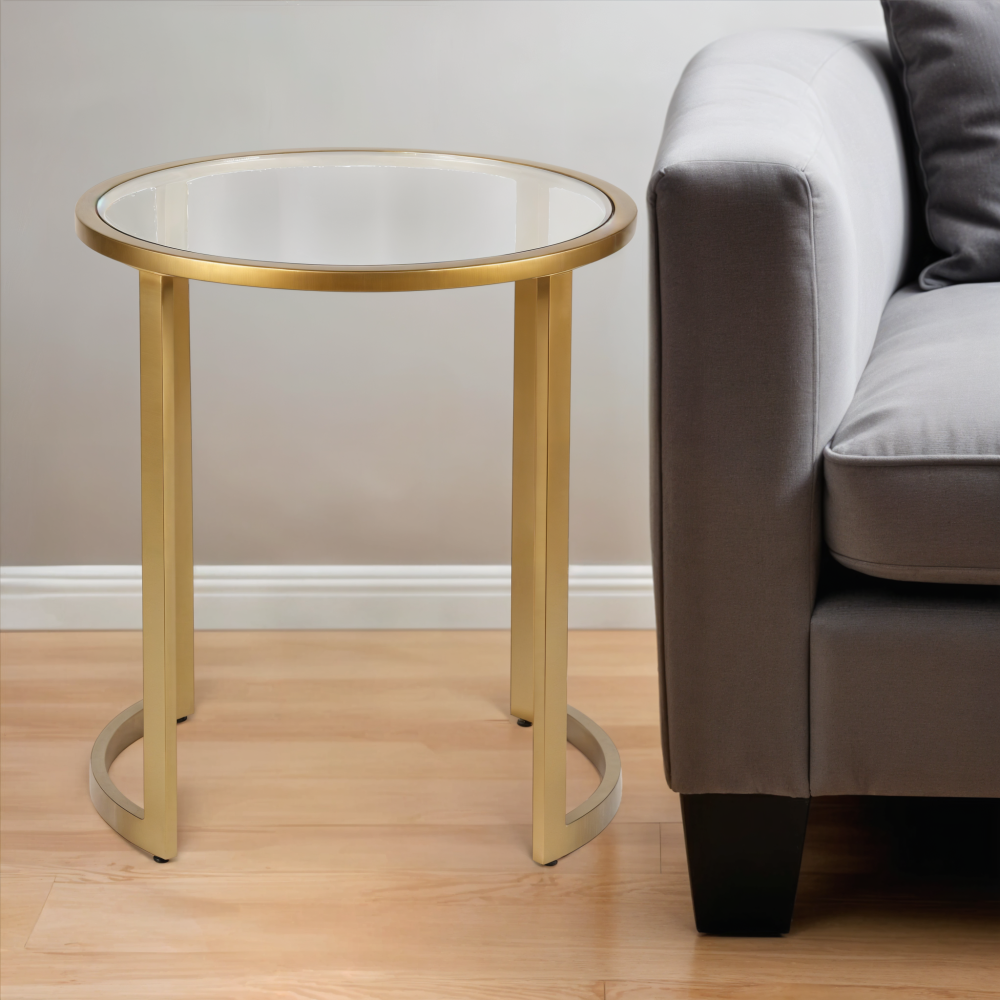 HMS 22\" Round End Table in Brass Clear Glass Steel Elegant Coffee Tables