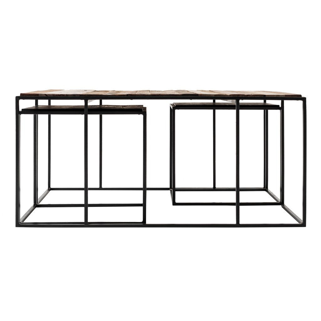 Set of Three 39\" Brown and Black Solid Wood and Iron Square Nested Coffee Tables HMS Product