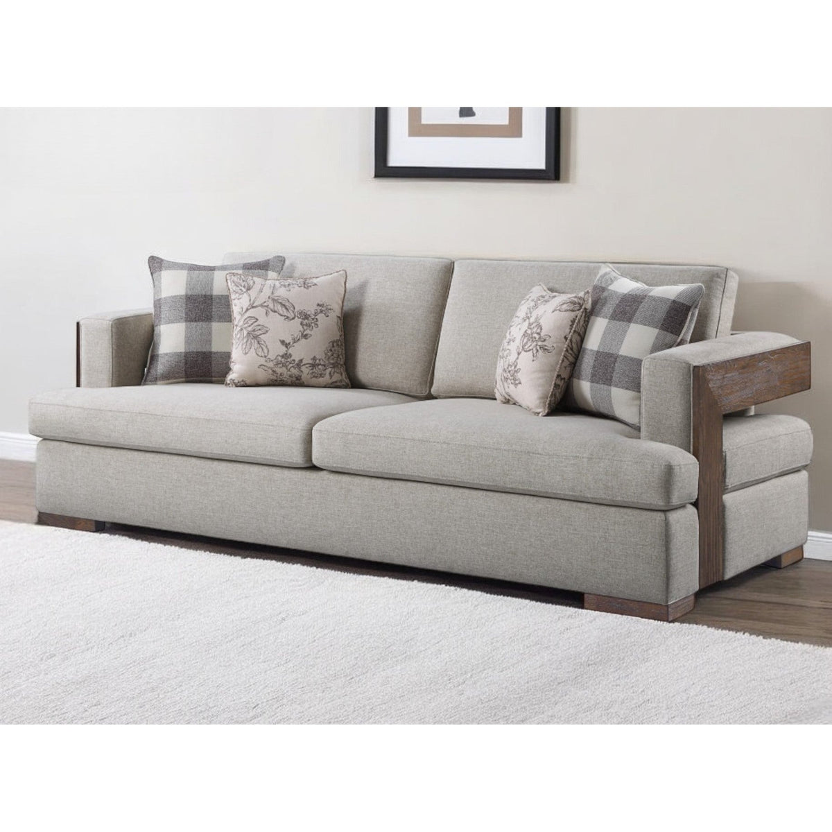 HMS 92 Beige Fabric Sofa Set with Toss Pillows Brown Legs for Living Room