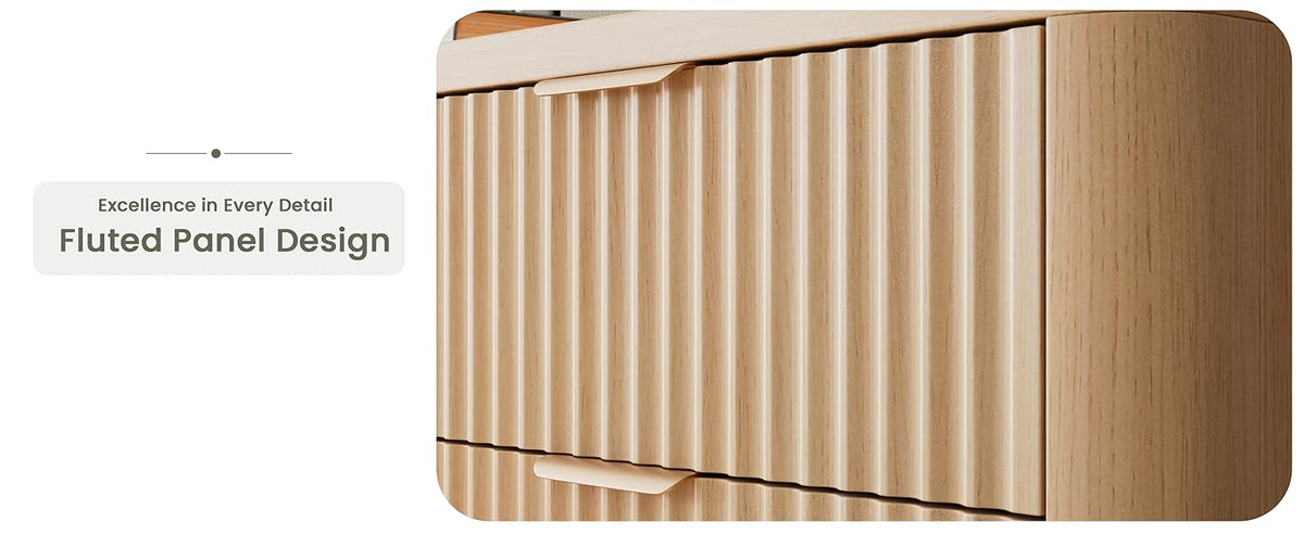 Modern Natural Oak Fluted 6-Drawer Dresser Power Outlet Curved Profile Design for Bedroom Clothing Storage TV Stand Closet