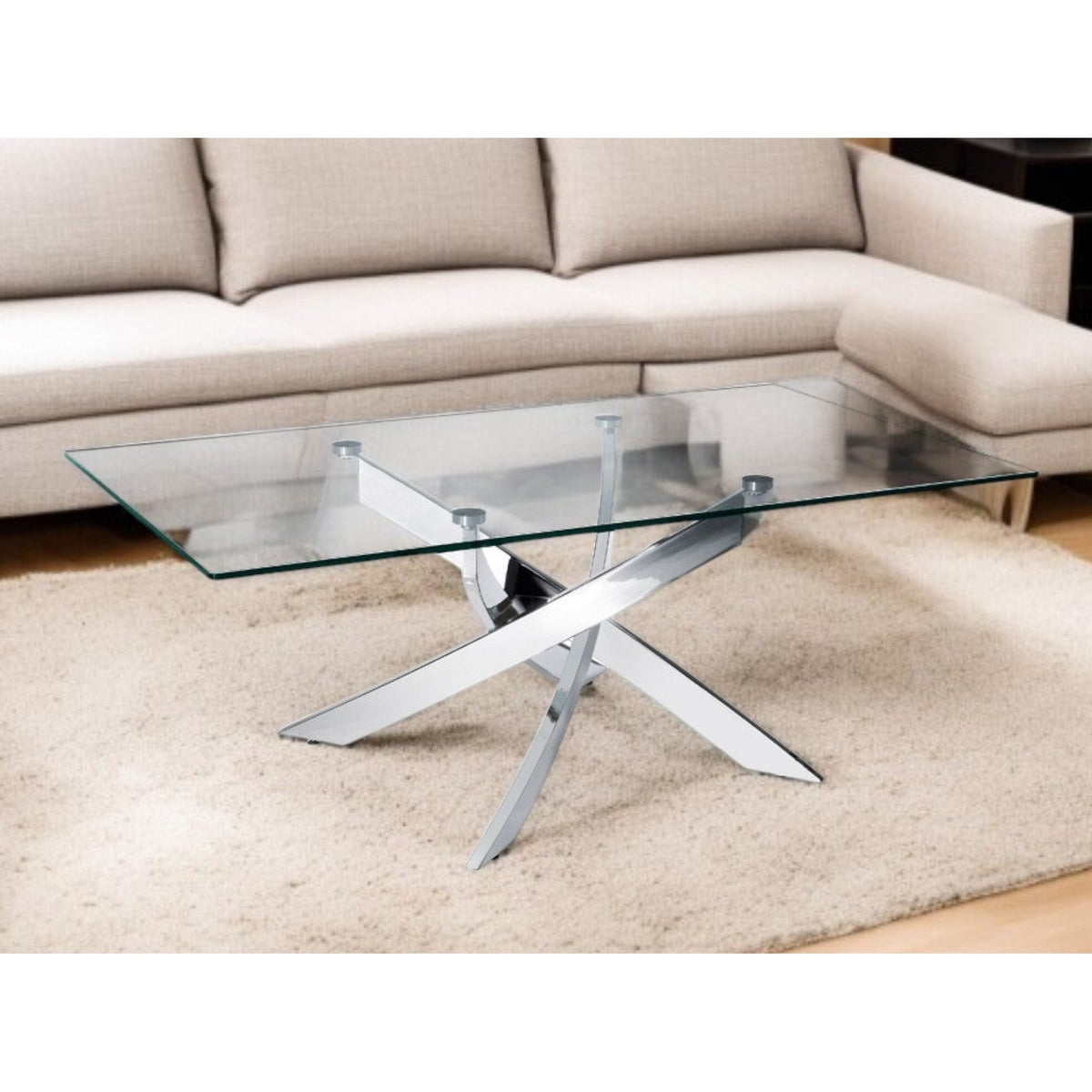 HMS 47\" Clear and Silver Glass Coffee Table with Steel Cross Legs