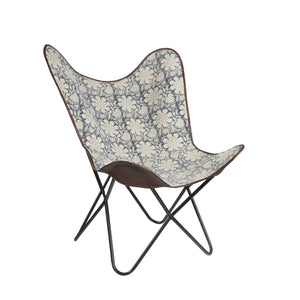 HMS 30\" Blue and Cream Floral Butterfly Chair Elegant Canvas Living Room Furniture