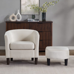 Modern White Velvet Accent Chair with Ottoman Sleek Barrel Armchair for Living Room or Bedroom