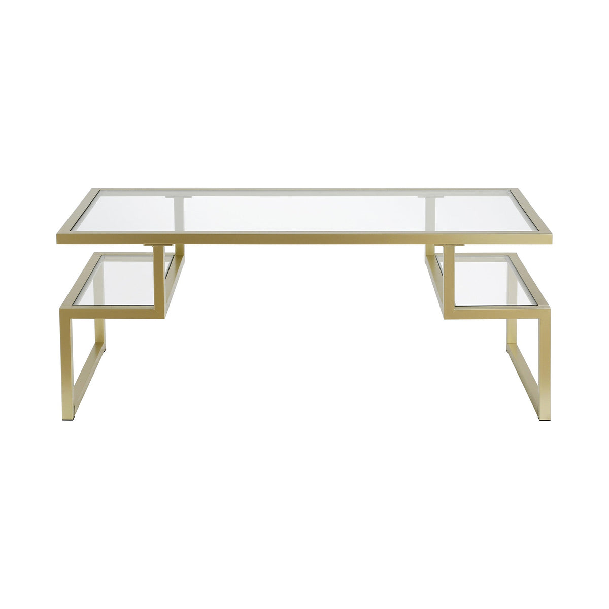 HMS 45\" Gold Glass and Steel Coffee Table for Living Room Rectangular Tempered Glass Top with Two Shelves