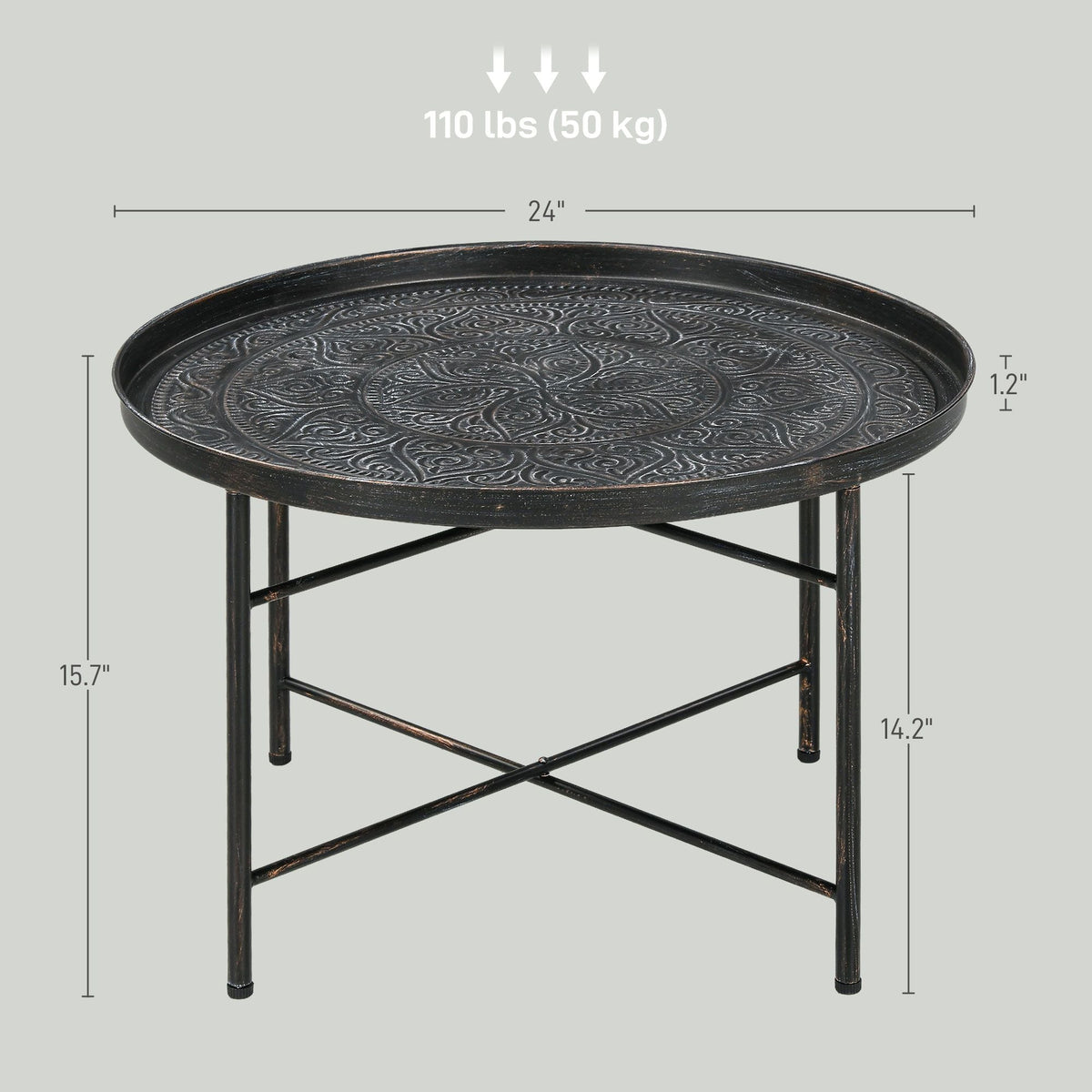 24\" Round Hammered Tray Top Coffee Table with Metal Frame Cafe Table for Living Room and Bedroom in Pewter