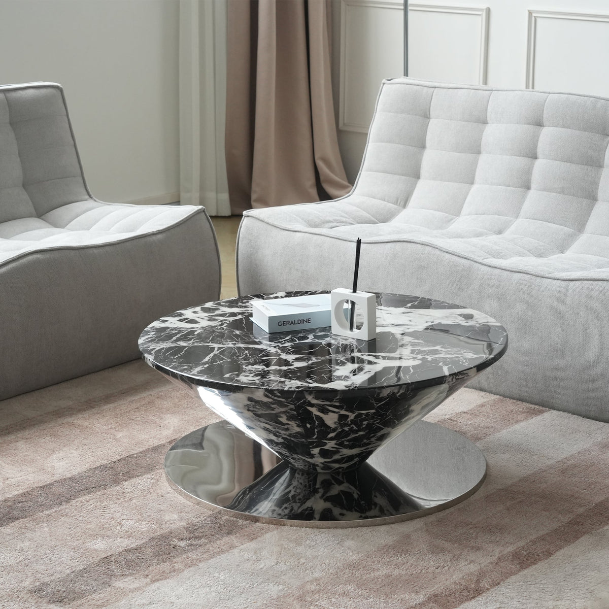 ATUNUS USA in Stock Drop Shipping Metal Base Stainless Steel Modern Marbling Wood Top Side Oval Center Tea Coffee Table