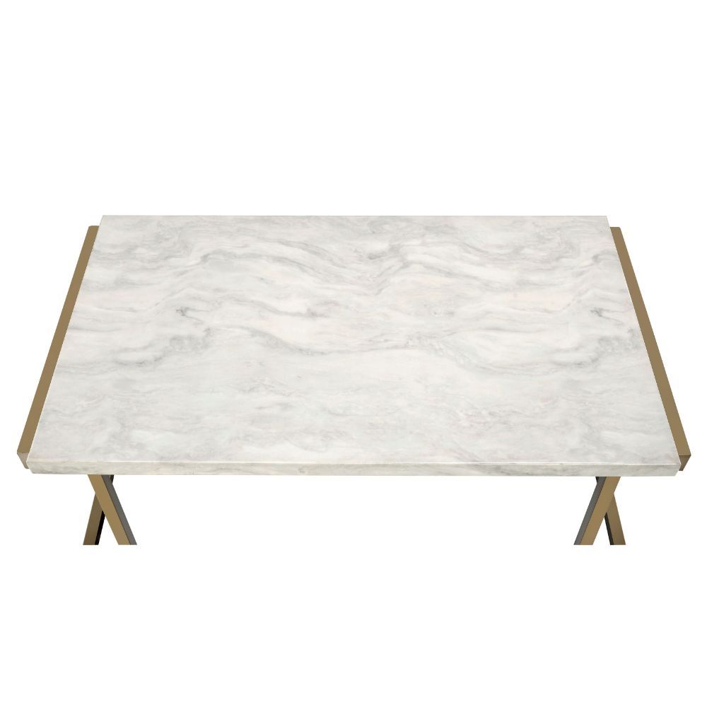 HMS 44\" White and Gold Faux Marble & Iron Sled Coffee Table