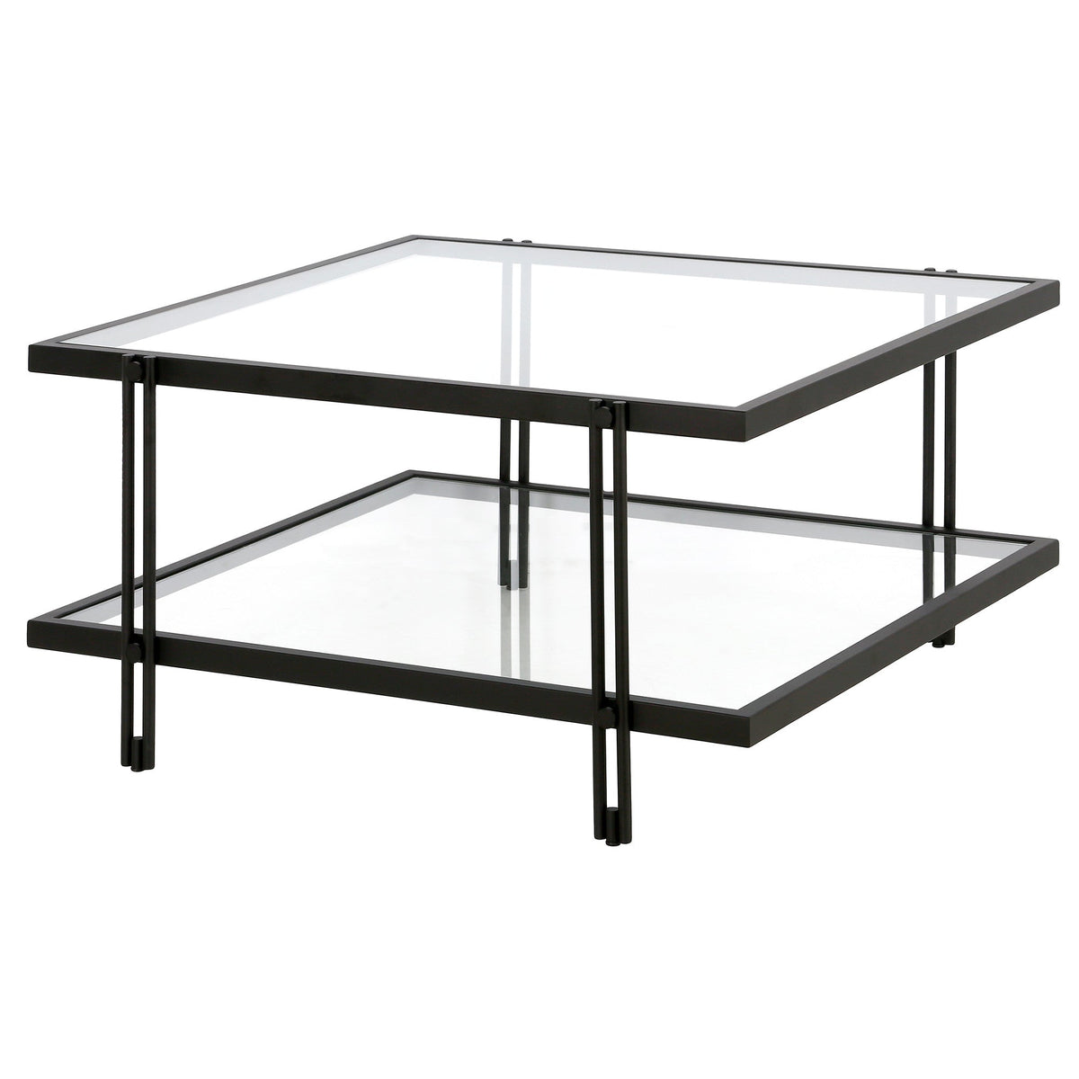 HMS 32\" Clear and Black Glass and Steel Square Coffee Table with Shelf