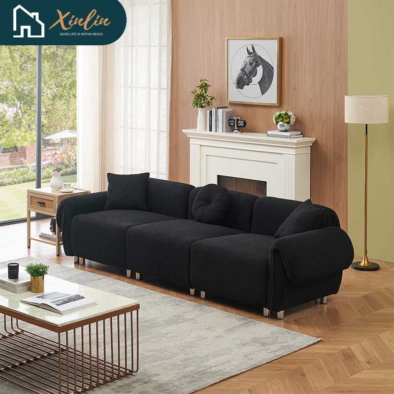 Free Shipping Modern 112-Inch Orange Teddy Velvet Fabric with 3 Wooden Pillows for Three-Seat Sofa in Living Room