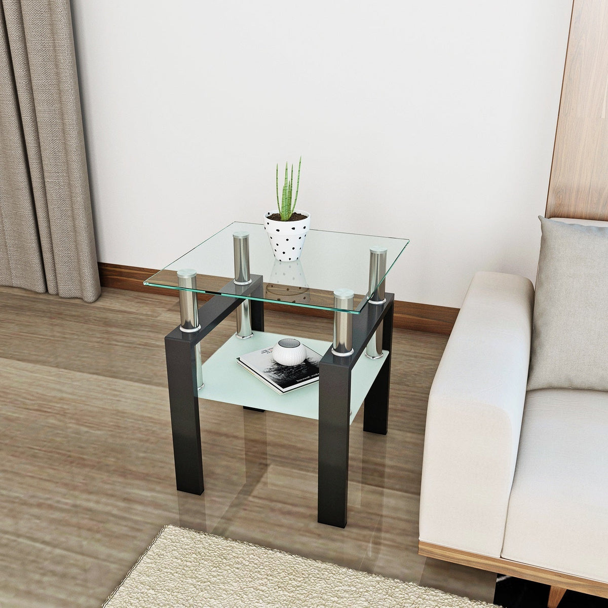 New Modern Small Side Table Tempered Glass Table Two Layer Square Table for Living Room Furniture