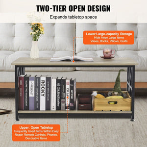 40\" Farmhouse Rectangular Coffee Table Open Storage Compartment Wooden Rustic Style Brown Black for Living Room Bedroom