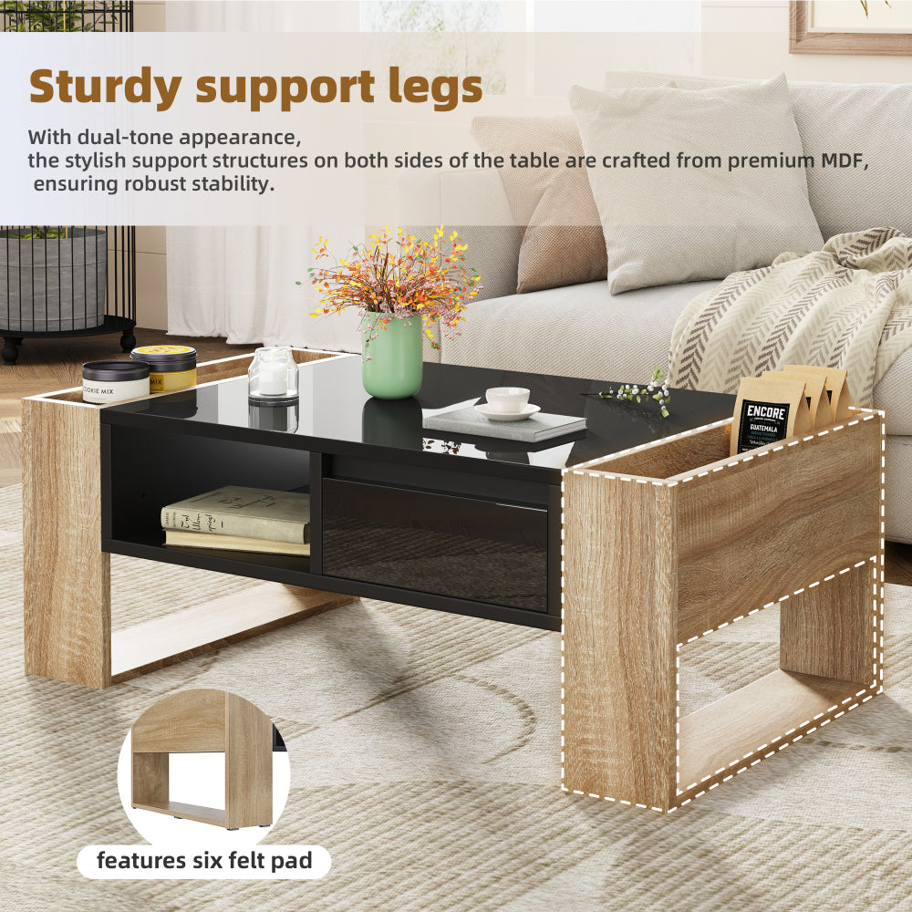 High Glossy Coffee Table with 2 Drawers, Practical Two Tone Center Table with Hidden Compartments, Rectangle Cocktail Table
