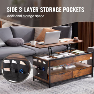 39.4\" Rectangle Lift Top Coffee Table with Light & USB Port Brown